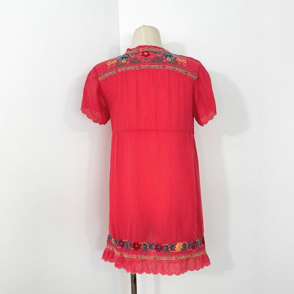 Johnny Was Mikones Embroidered Tunic Top Short Sleeve in Red/Coral Boho S - Picture 6 of 10